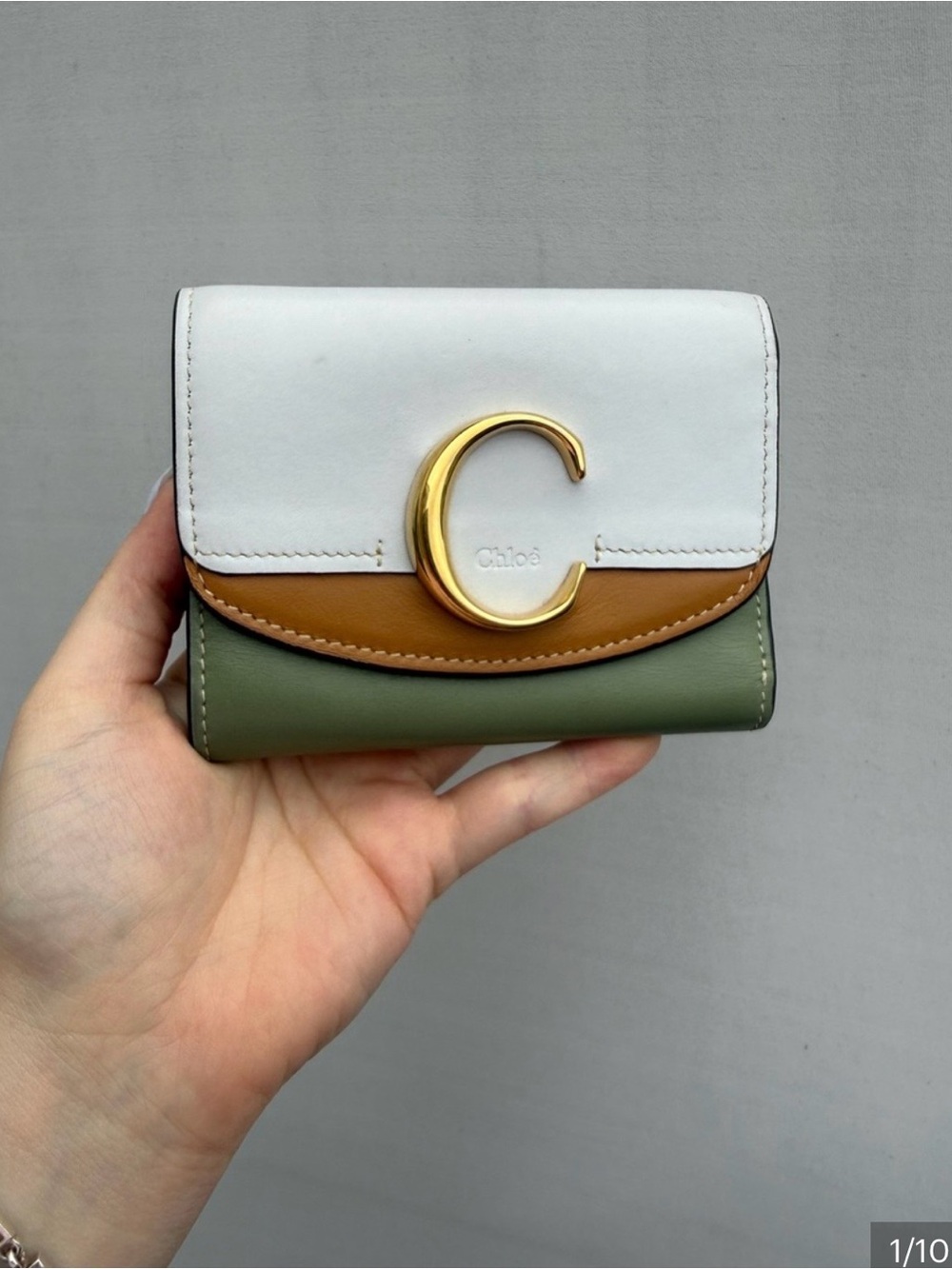 Chloè Colorblock Leather Wallet — Bluish Grey, Tan, and Green EUC